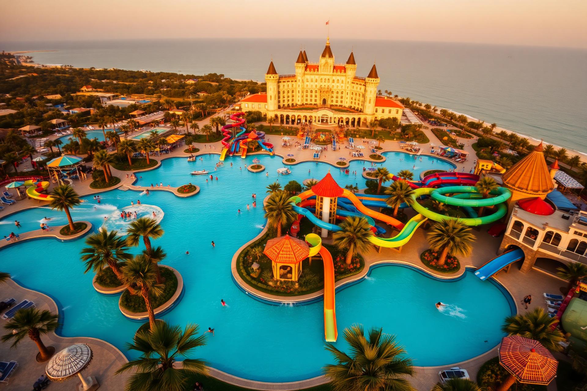 Land of Legends Kingdom Hotel and waterpark in Belek, Antalya at sunset